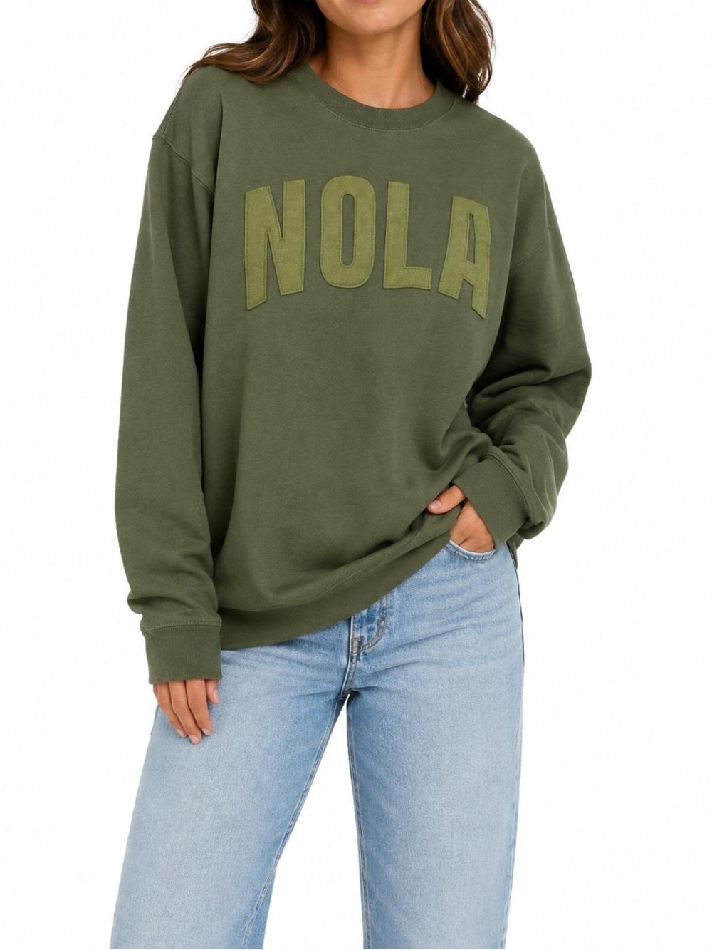 Gildan NOLA New Orleans Olive Green Appliqué Crewneck Sweatshirt XL